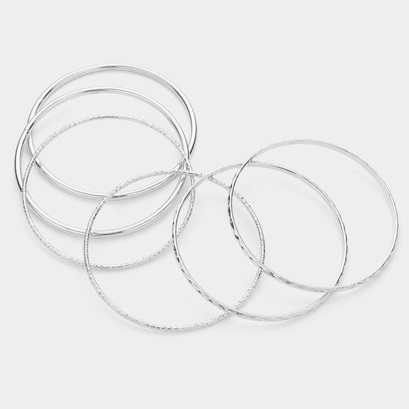Silver 6 Piece Metal Bangle Bracelets Set Simple Casual Layered - Picture 2 of 2